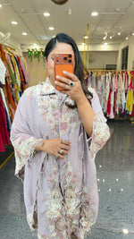 Heavy chinon with premium handwork co ord paired with a pretty pretty cape in lilac