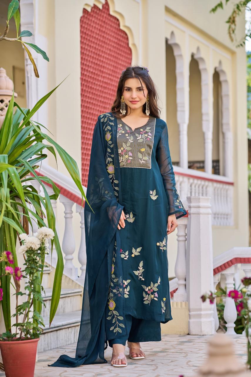 Premium organza fully embroidered suit set in blue