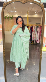 Pure Mul cotton fully embroidered front n back angrakha suit set in mint green