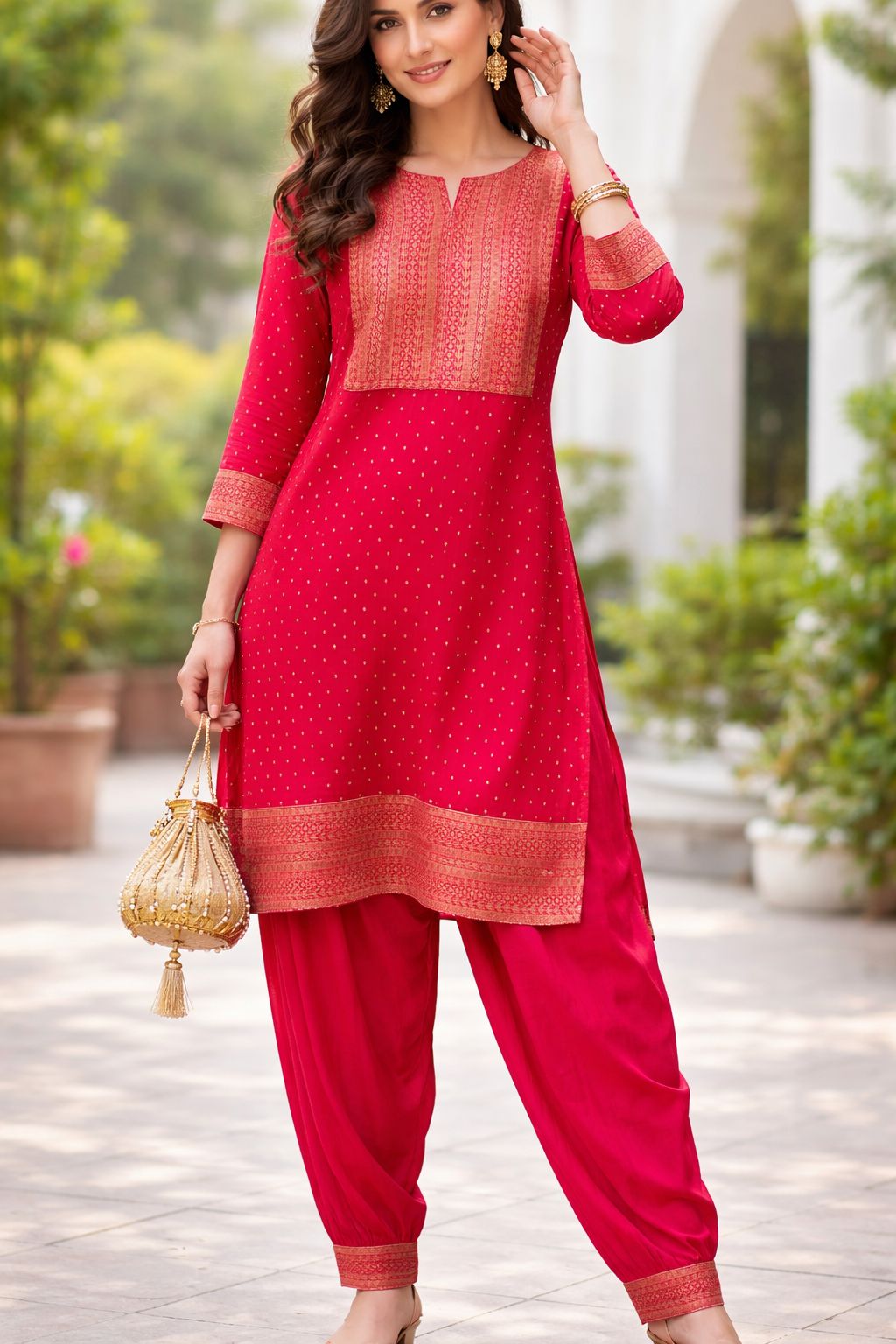 Celebrity inspired pure Banarasi weaved orgenza farsi salwar co ord in red