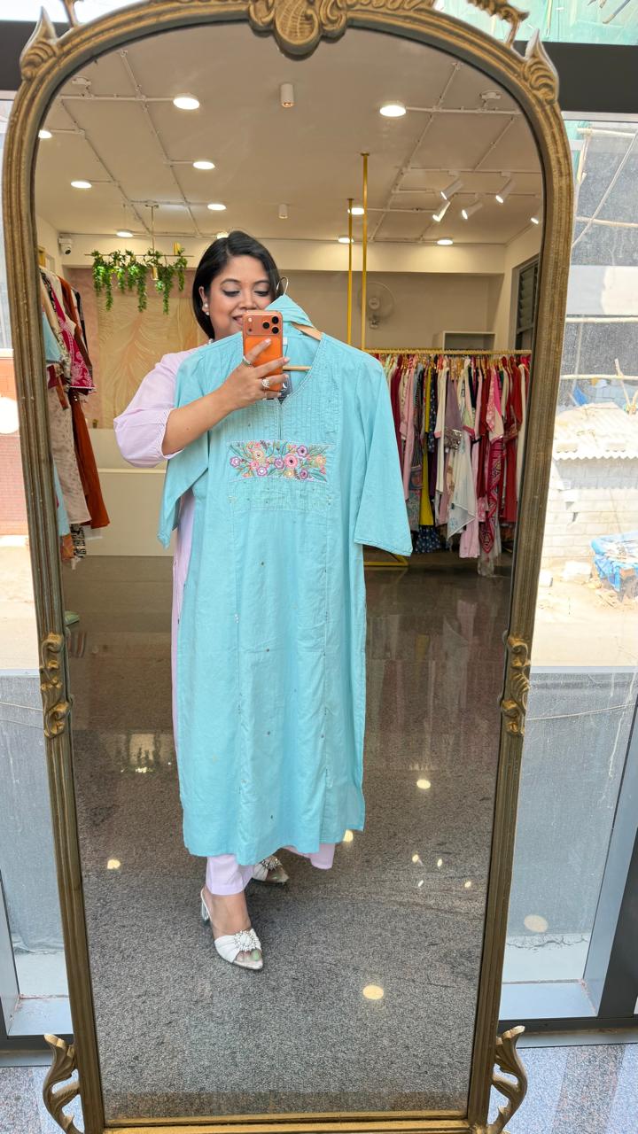 Premium sily cotton embroidered lining full suit set in powder blue