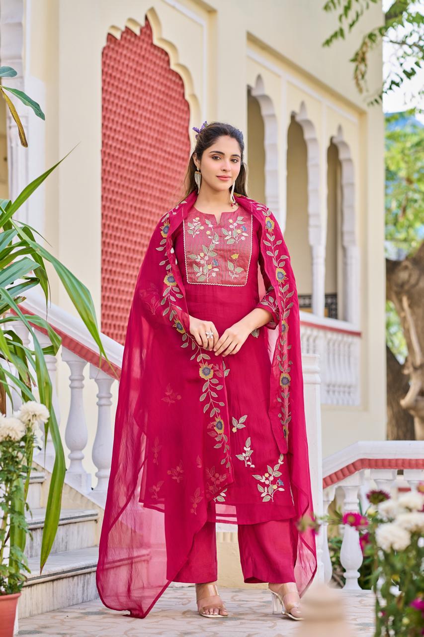 Premium organza fully embroidered suit set in pink