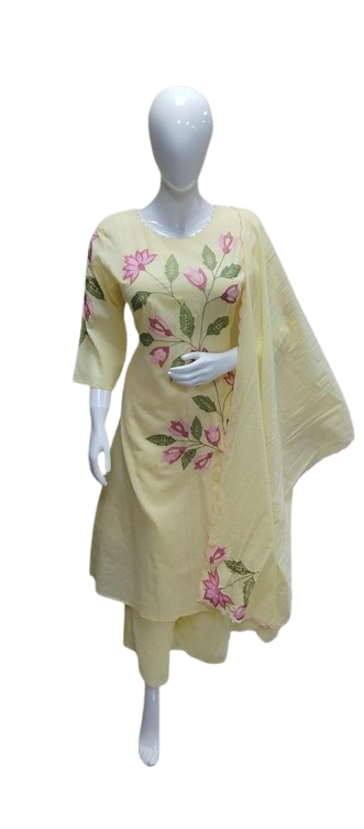 Pure Mul cotton applique work full suit set in yellow