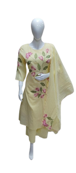 Pure Mul cotton applique work full suit set in yellow