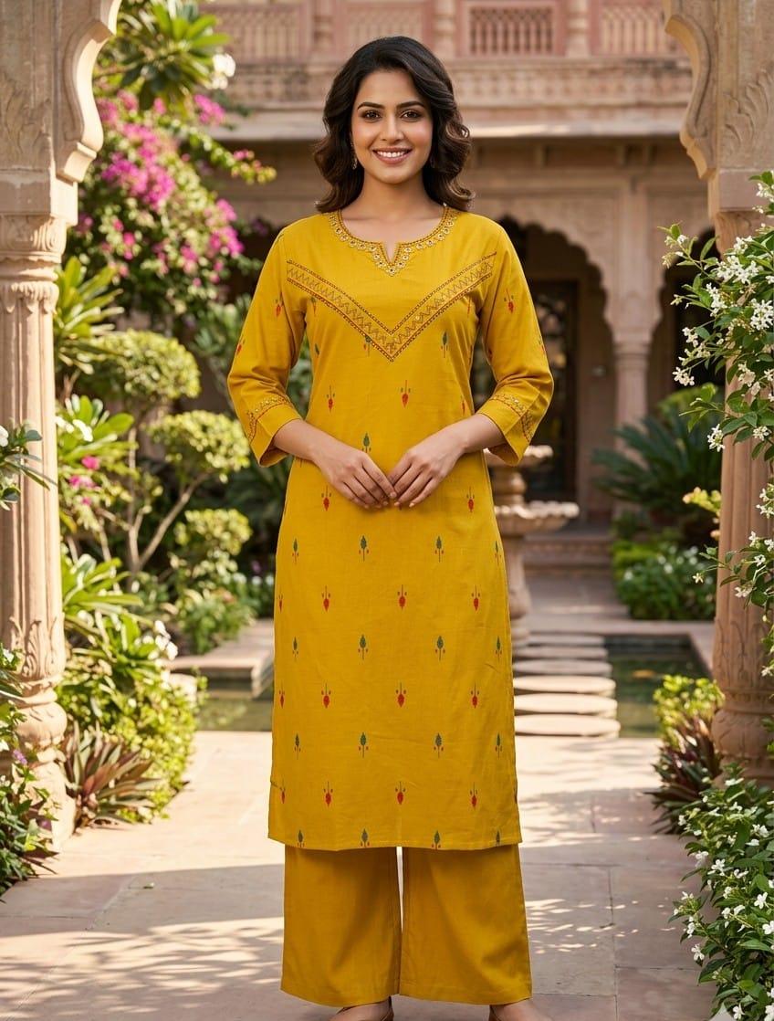 Fully weaved cotton real mirror kurta pant in yellow