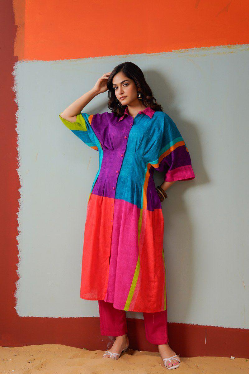 Dress up as kurta pant or a one piece dress in our soft Mul Mul multi colour outfit