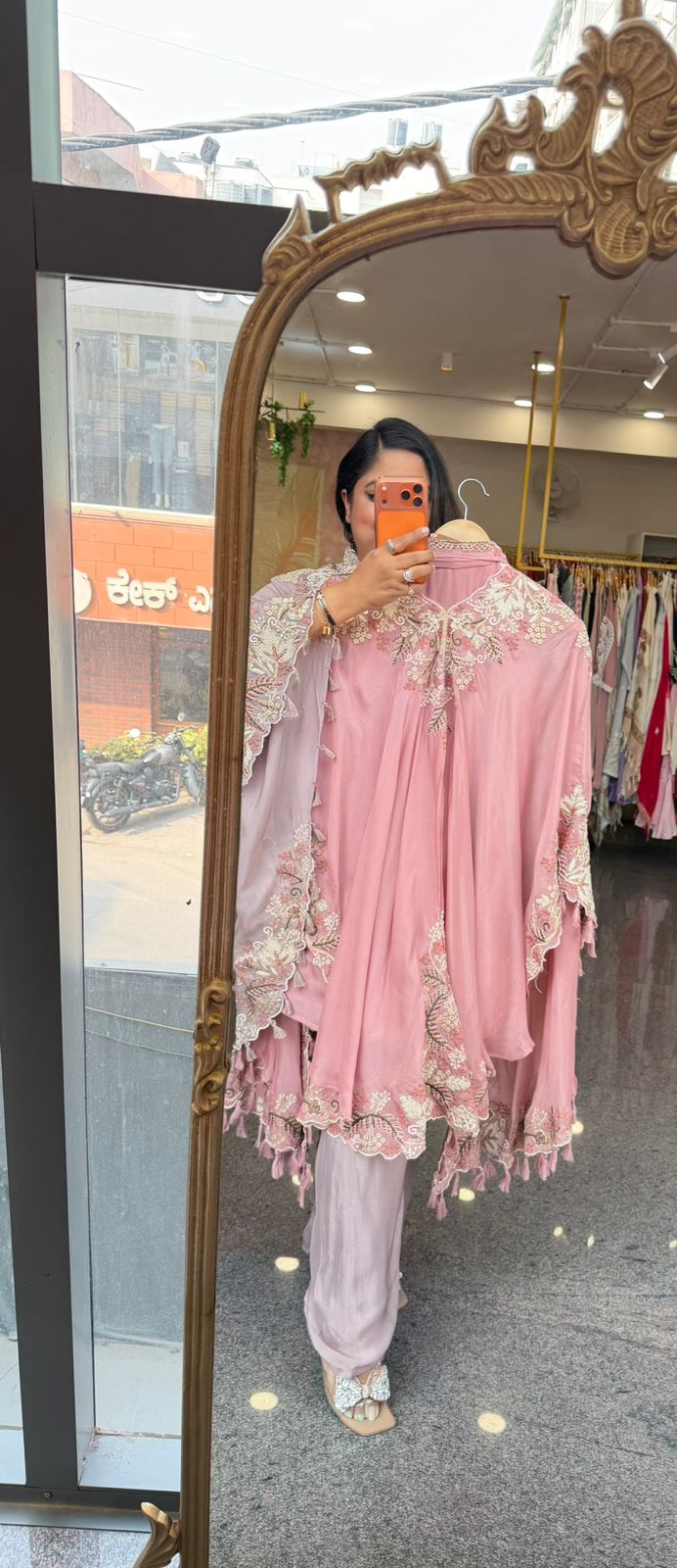 Heavy chinon with premium handwork co ord paired with a pretty pretty cape in pink