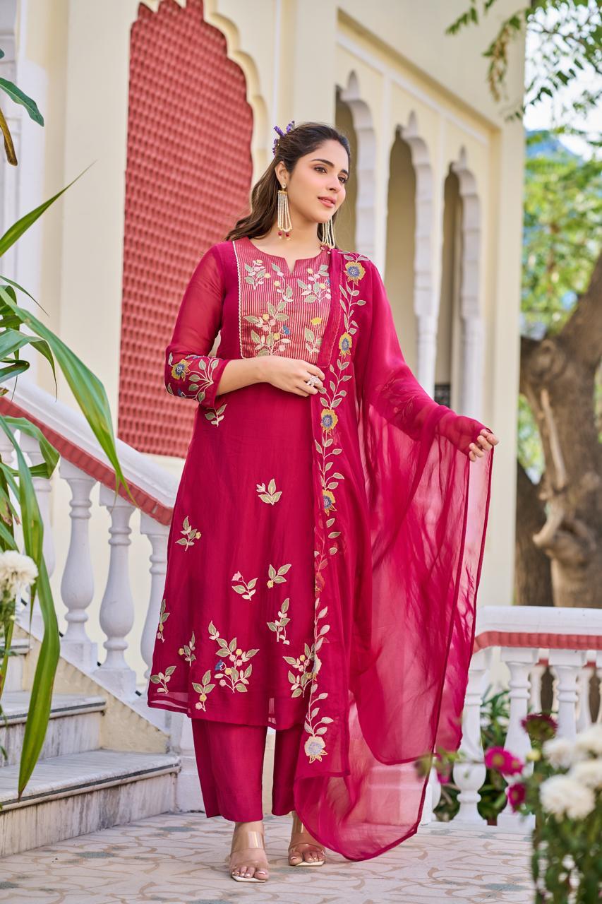 Premium organza fully embroidered suit set in pink