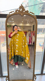 Premium cotton applique work cotton suit in green with pocket and paired with a Kalamkari dupatta