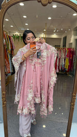 Heavy chinon with premium handwork co ord paired with a pretty pretty cape in pink