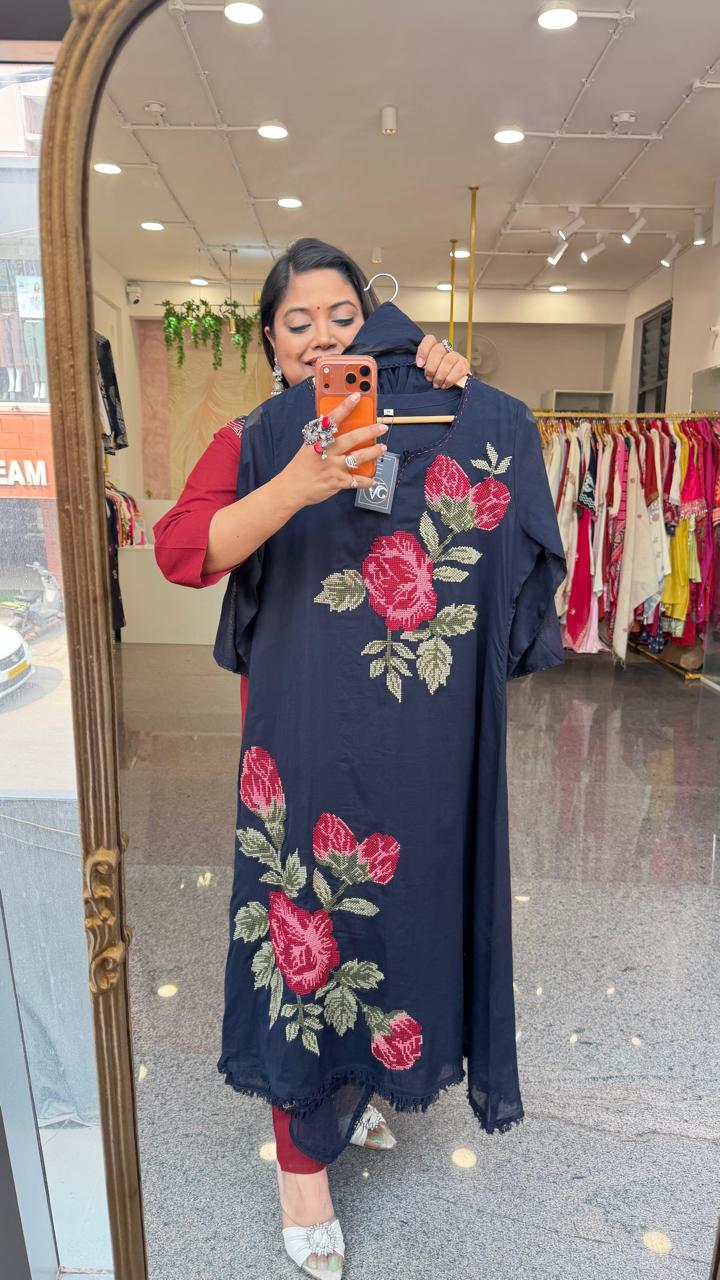 Mul cotton fully embroidered in royal blue colour