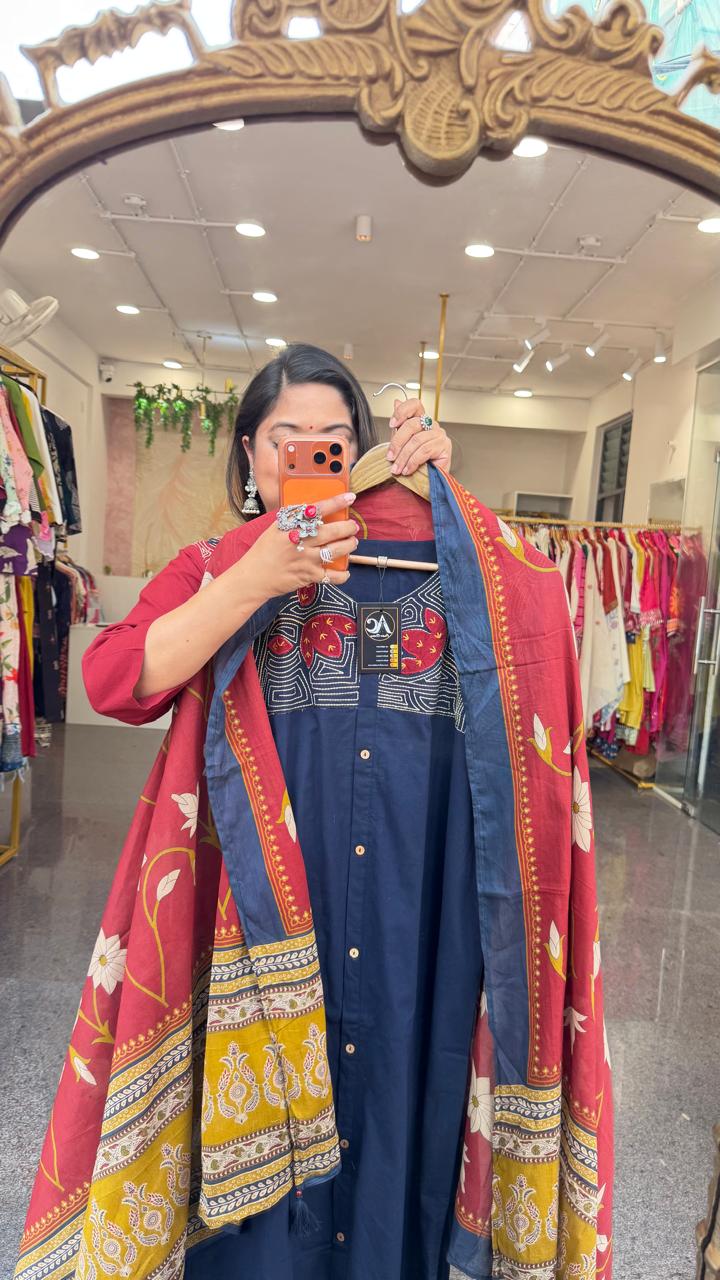 Premium cotton applique work cotton suit in blue with pocket and paired with a Kalamkari dupatta